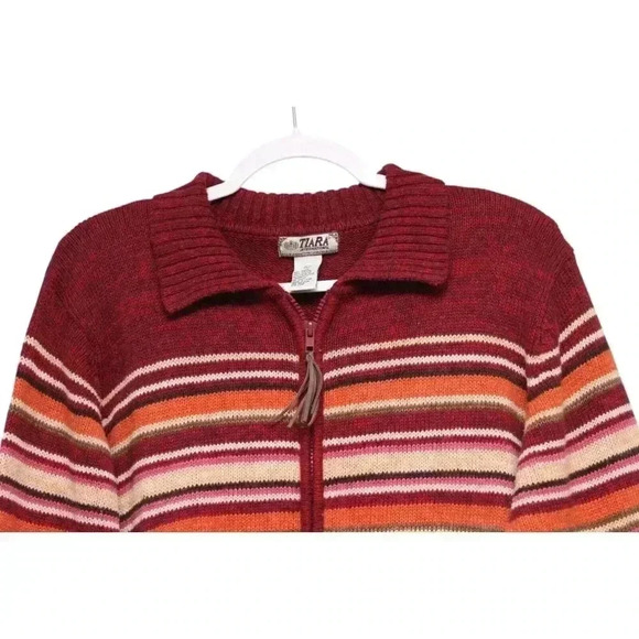 Vintage 90s Full Zip Sweater Size Large Ramie Cotton Striped Fall Retro Cozy - Picture 2 of 10